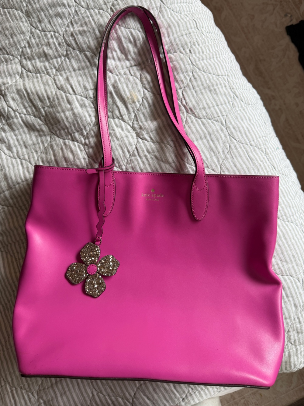 kate spade Hot Pink Leather Tote with Gold Glitter Flower Charm